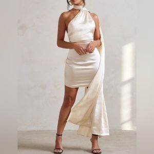 NWT CLUB L LONDON NASIRA CREAM WHITE ASYMMETRIC NECK MINI SATIN DRESS SCARF US 4